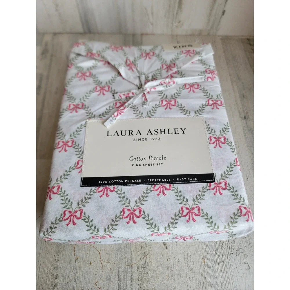 Laura Ashley‎ NEW bow trellis King bedsheet 3pc Xmas home decor holiday